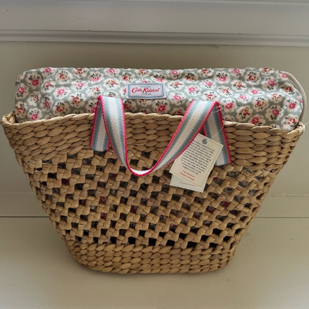 Cath Kidston Woven Basket with Striped Fabric Handle.  NWT